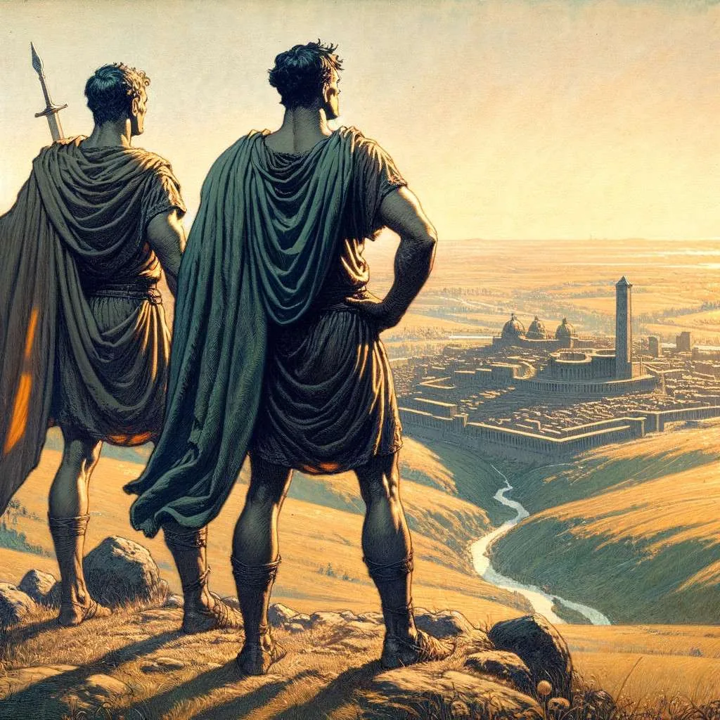 Rómulo y Remo de pie sobre una colina, contemplando el terreno donde fundarán Roma, con un amanecer que ilumina sus figuras heroicas. Los Mitos y Leyendas (www.losmitosyleyendas.com)