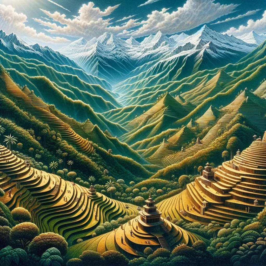 Paisaje de la Sierra Nevada de Santa Marta con terrazas agrícolas taironas y selva tropical, representando la cosmovisión tairona de armonía con la naturaleza. Los Mitos y Leyendas (www.losmitosyleyendas.com)