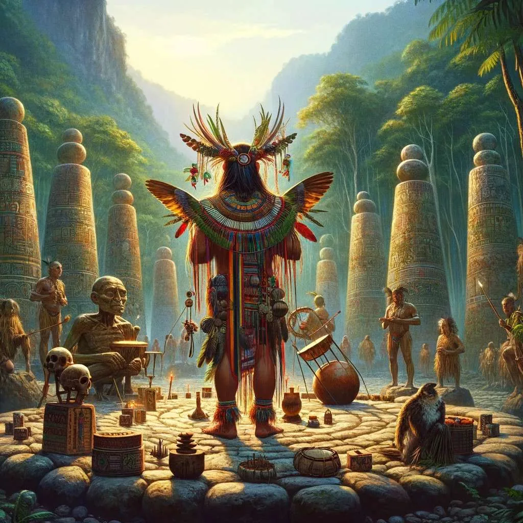 Chamán tairona realizando un ritual en la Sierra Nevada de Santa Marta, con atuendos tradicionales y construcciones de piedra al fondo. Los Mitos y Leyendas (www.losmitosyleyendas.com)