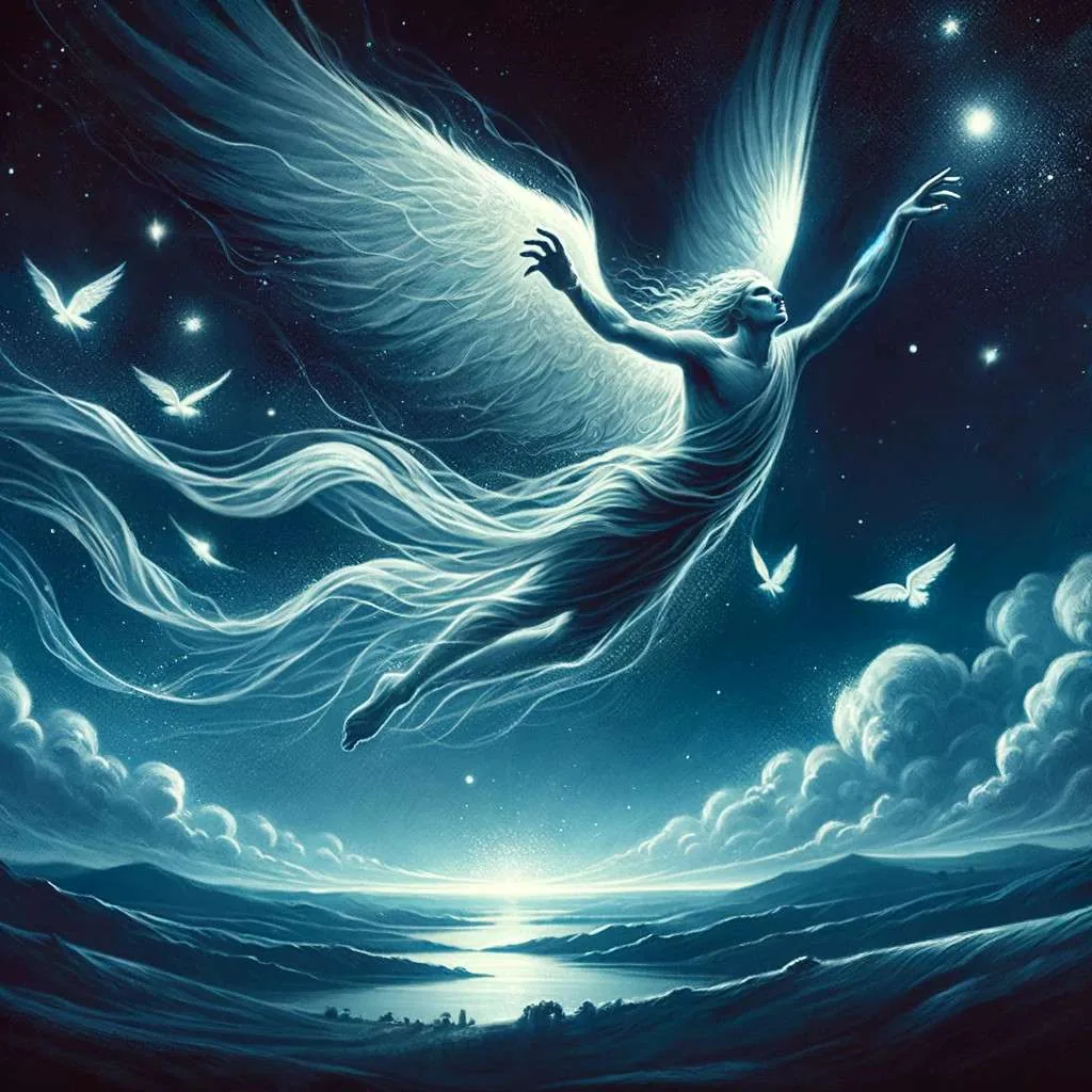 Morfeo, el dios del sueño, flotando sobre un paisaje nocturno con alas suaves, esparciendo polvo de estrellas que inducen sueños pacíficos bajo un cielo estrellado. Los Mitos y Leyendas (www.losmitosyleyendas.com)
