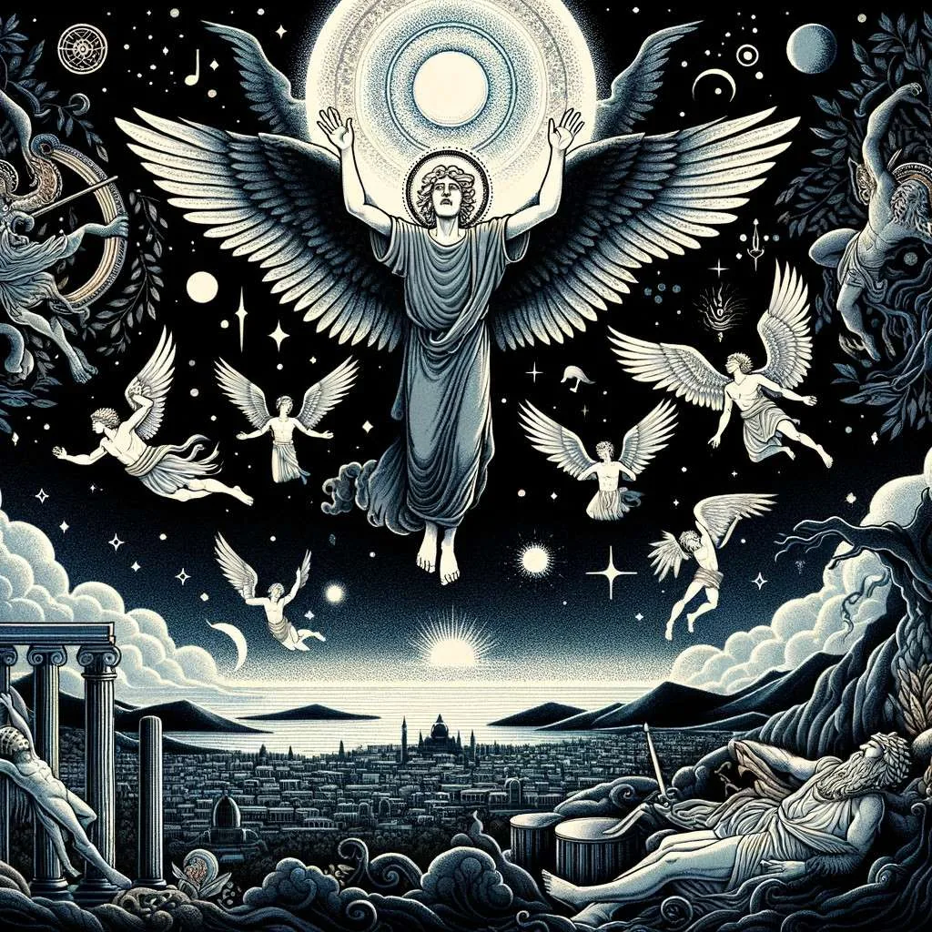 Morfeo, dividido entre su origen divino y sus poderes oníricos, con figuras etéreas que representan los sueños enviados a los mortales, ilustrando su dominio sobre el mundo de los sueños. Los Mitos y Leyendas (www.losmitosyleyendas.com)