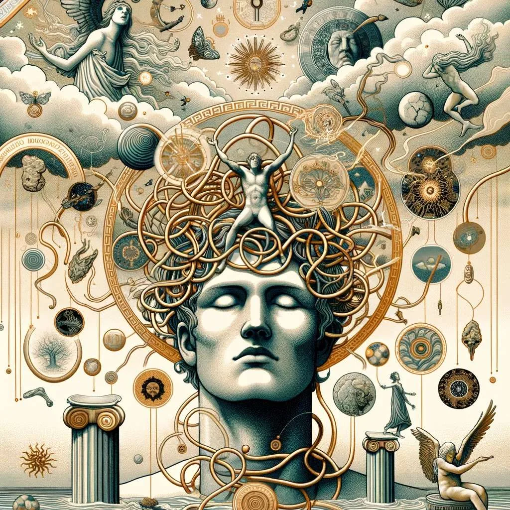 Morfeo con los ojos cerrados, rodeado de símbolos como una nube suave, cadenas rotas, un espejo de imágenes cambiantes, y figuras humanas flotantes, evocando sus poderes sobre el sueño y los sueños de las personas. Los Mitos y Leyendas (www.losmitosyleyendas.com)