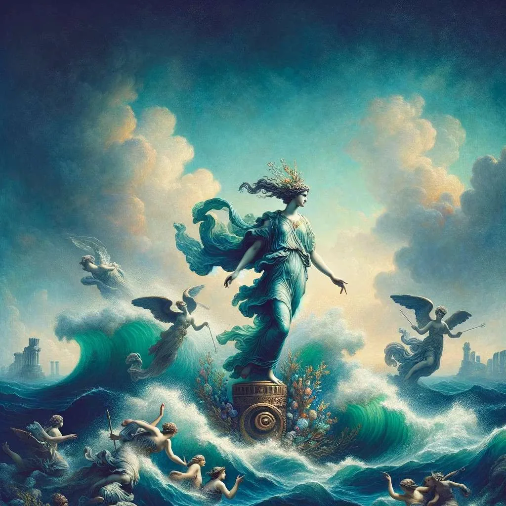 Representación artística de la diosa Parténope emergiendo del mar, rodeada de delfines, evocando el misterio y la belleza etérea de la mitología griega. Los Mitos y Leyendas (www.losmitosyleyendas.com)