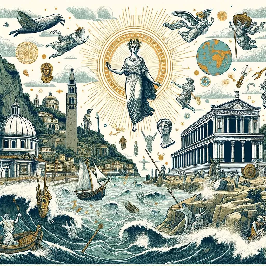 Ilustración del origen y la leyenda de Parténope, con la diosa emergiendo del mar y la antigua Nápoles de fondo, rodeada de símbolos como delfines y artefactos griegos, representando su historia y conexión cultural. Los Mitos y Leyendas (www.losmitosyleyendas.com)
