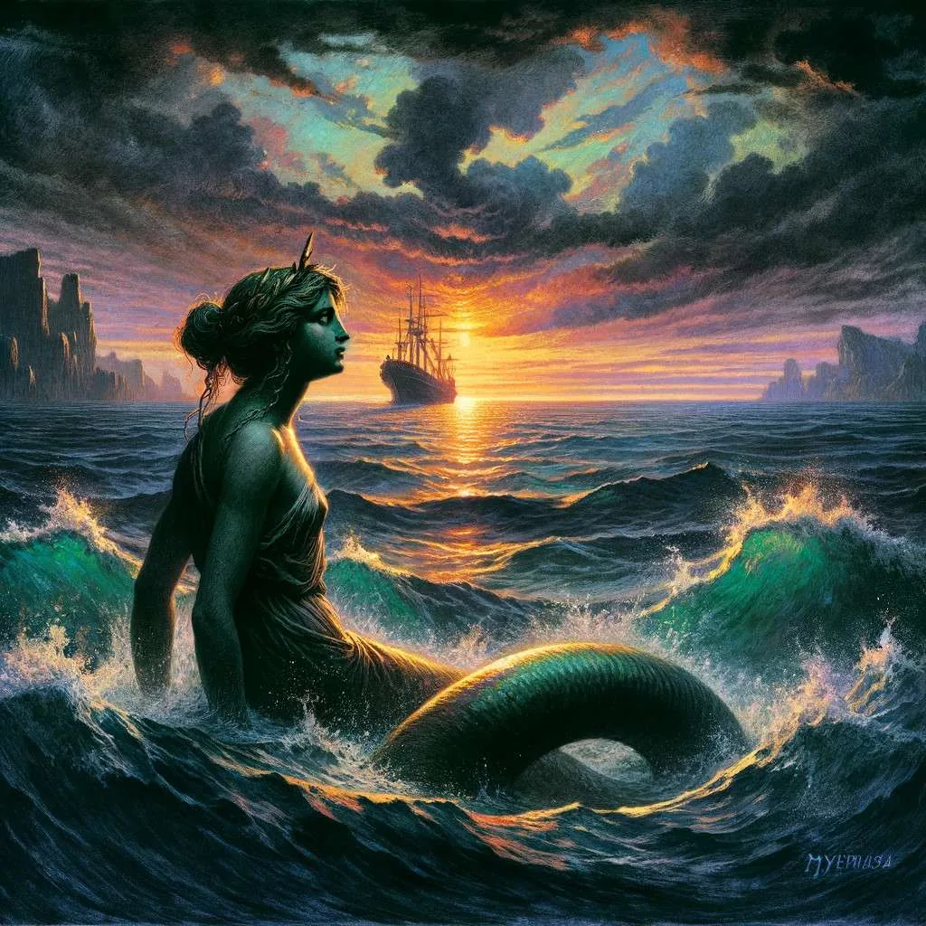 Ilustración de Parténope mirando hacia la lejanía, simbolizando su amor no correspondido y el sacrificio venidero, con el crepúsculo sobre el mar Mediterráneo reflejando un contraste entre belleza y tristeza. Los Mitos y Leyendas (www.losmitosyleyendas.com)