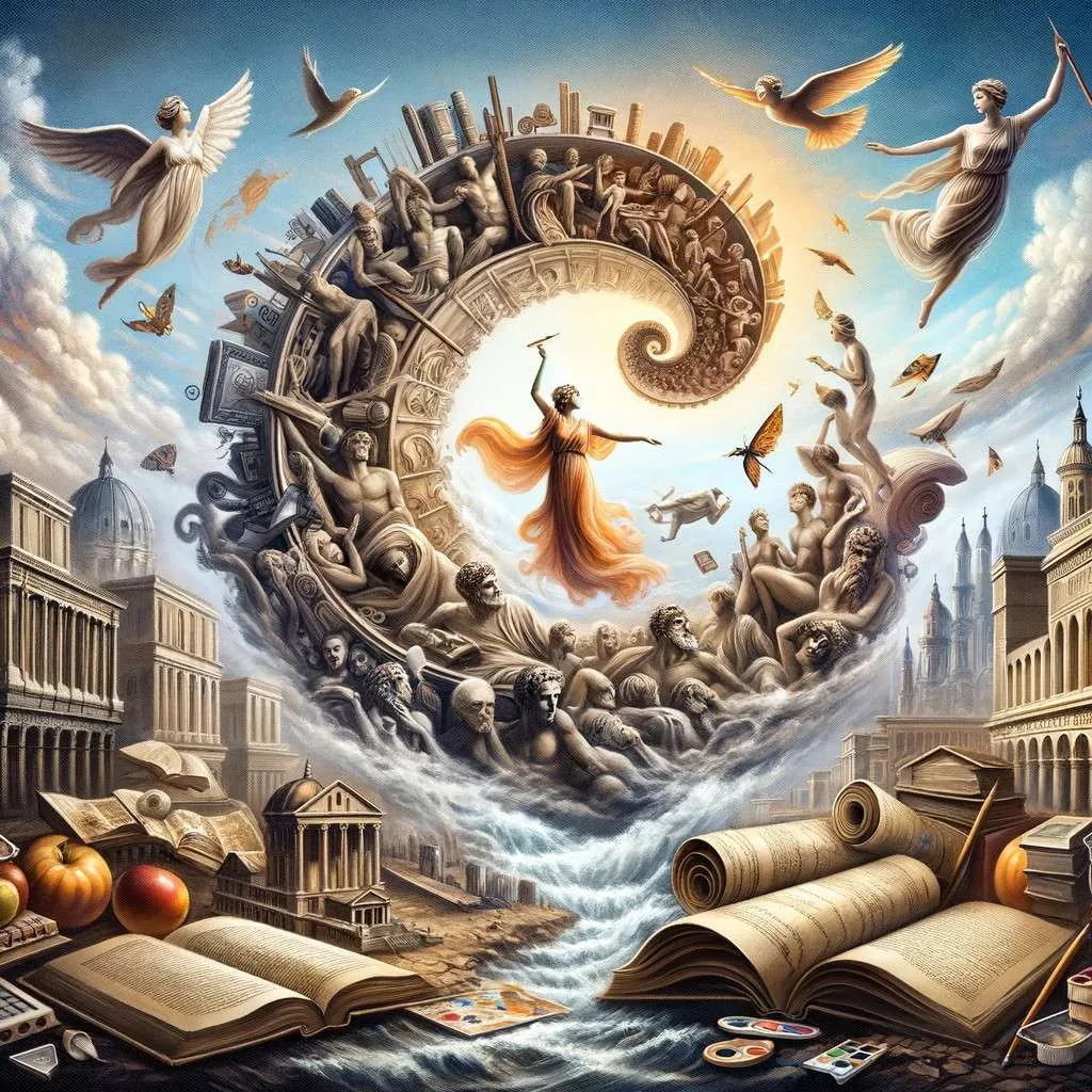 Ilustración representando la influencia de Parténope en el arte y la literatura, con la diosa rodeada de elementos simbólicos como libros antiguos, pergaminos, paletas de pintura, pinceles, y lienzos, contra un fondo que fusiona el paisaje urbano de Nápoles con escenas mitológicas, evidenciando su trascendencia cultural a lo largo de los tiempos. Los Mitos y Leyendas (www.losmitosyleyendas.com)