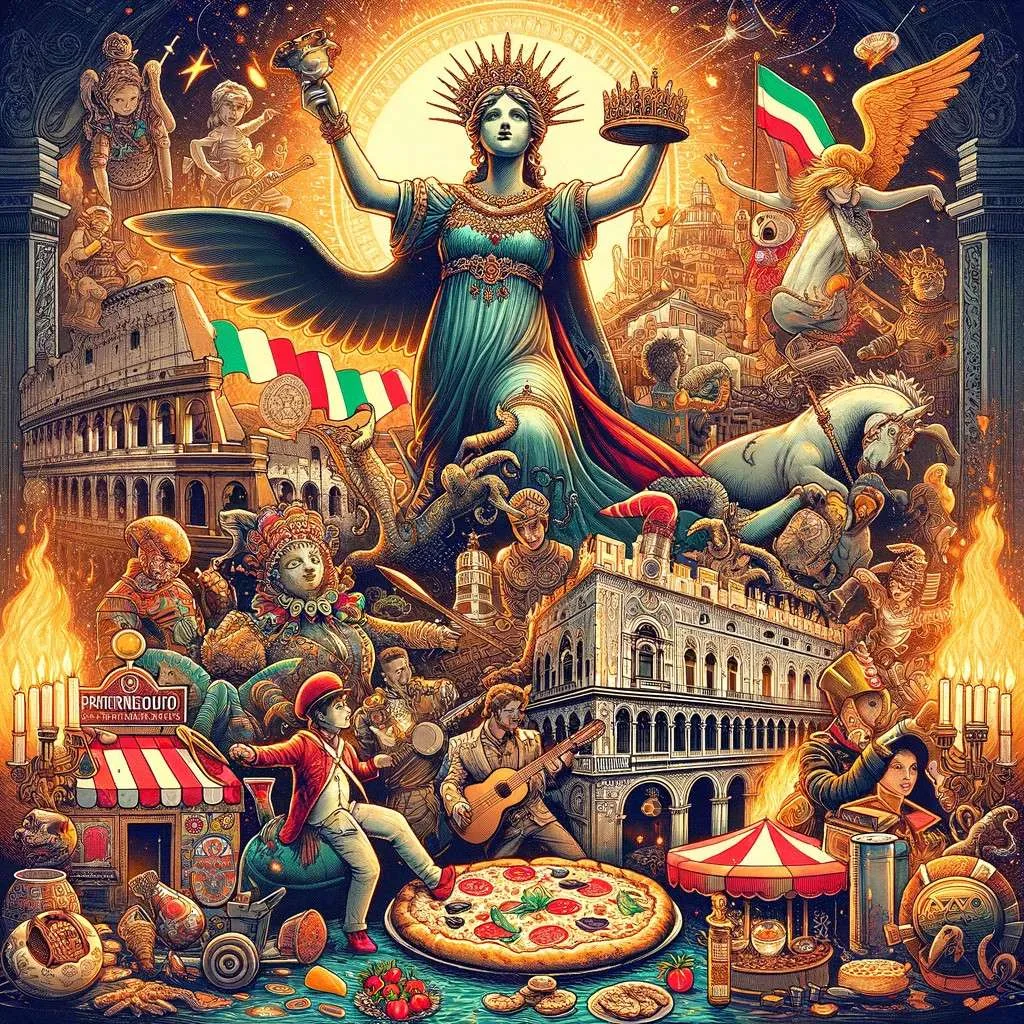 Ilustración que muestra la influencia de Parténope en la cultura napolitana, con la diosa sobrevolando la ciudad, el Vesubio al fondo, y elementos representativos como la pizza, el teatro de marionetas y la música tradicional, simbolizando la fusión de lo mitológico y lo cultural en Nápoles. Esta imagen refleja la rica herencia cultural y la profunda conexión entre la leyenda de Parténope y la identidad napolitana. Los Mitos y Leyendas (www.losmitosyleyendas.com)