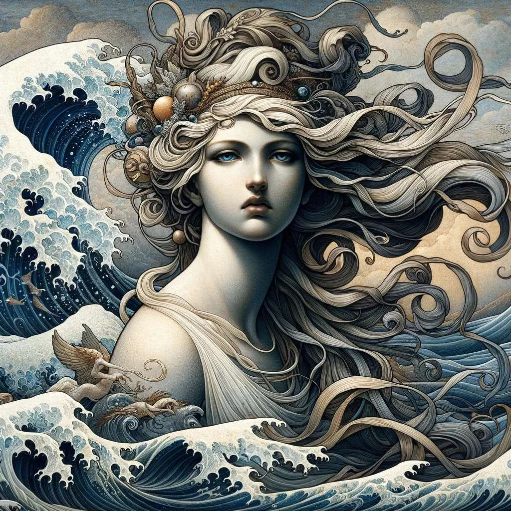 Ilustración que captura la representación física de Parténope en el arte y las representaciones visuales a lo largo de la historia, destacando su cabello largo y ondulado, mirada melancólica, y ropajes que fluyen con el mar, rodeada de delfines en un entorno marino. Esta imagen evoca su conexión etérea y divina con el océano, reflejando su identidad mitológica como una de las sirenas. Los Mitos y Leyendas (www.losmitosyleyendas.com)