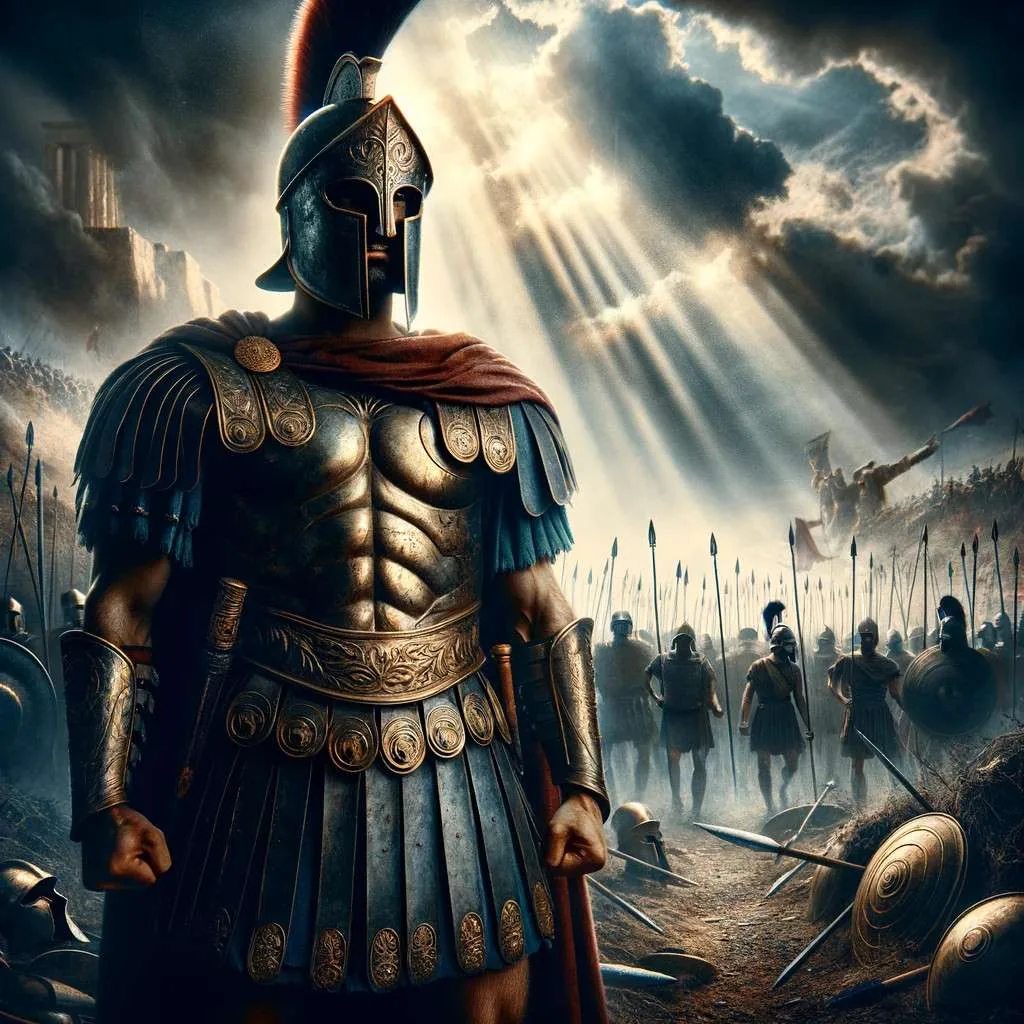 Representación artística de Patroclo, un guerrero griego, en el campo de batalla durante la Guerra de Troya, evidenciando su heroísmo y el impacto trágico de la guerra. Los Mitos y Leyendas (www.losmitosyleyendas.com)