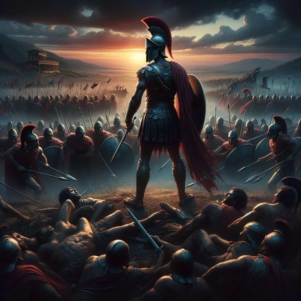 El campo de batalla griego al atardecer captura los momentos cruciales de la Guerra de Troya, con Patroclo en el centro usando la armadura distintiva de Aquiles. A su alrededor, el caos de la guerra se despliega con guerreros aqueos y troyanos en combate. La imagen subraya la intensidad y la tragedia del último enfrentamiento de Patroclo, resaltando su valentía y el impacto profundo de sus acciones en el curso de la guerra. El sol poniente simboliza el fin del viaje de Patroclo y el paso inevitable del tiempo, añadiendo una capa de emoción a la escena. Los Mitos y Leyendas (www.losmitosyleyendas.com)