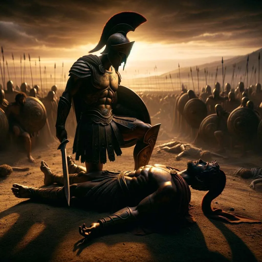 Escena conmovedora de la muerte trágica de Patroclo en el campo de batalla de Troya, con Héctor de pie sobre él, marcando un punto de inflexión en la narrativa épica. Los Mitos y Leyendas (www.losmitosyleyendas.com)