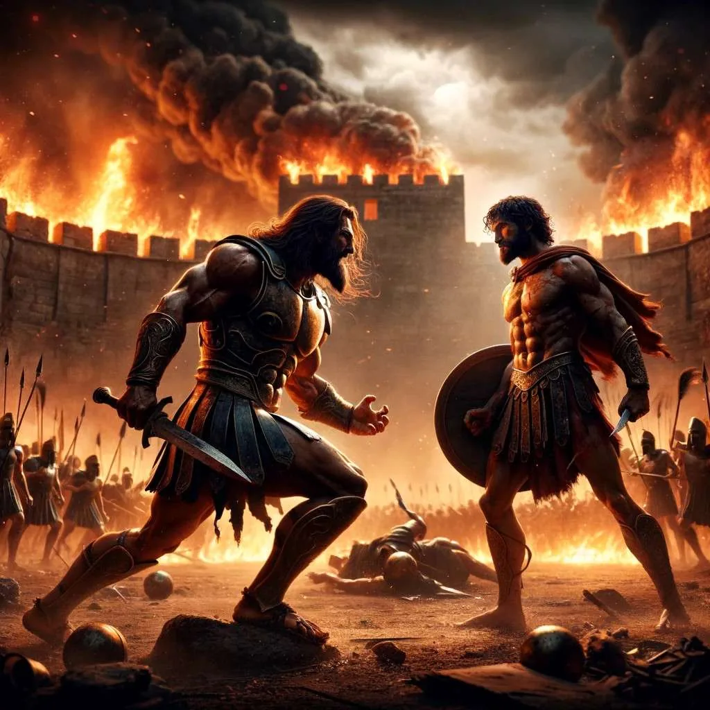 Duelo épico entre Héctor y Aquiles frente a Troya en llamas, reflejando la intensidad de su conflicto y el trágico destino inevitable. Los Mitos y Leyendas (www.losmitosyleyendas.com)