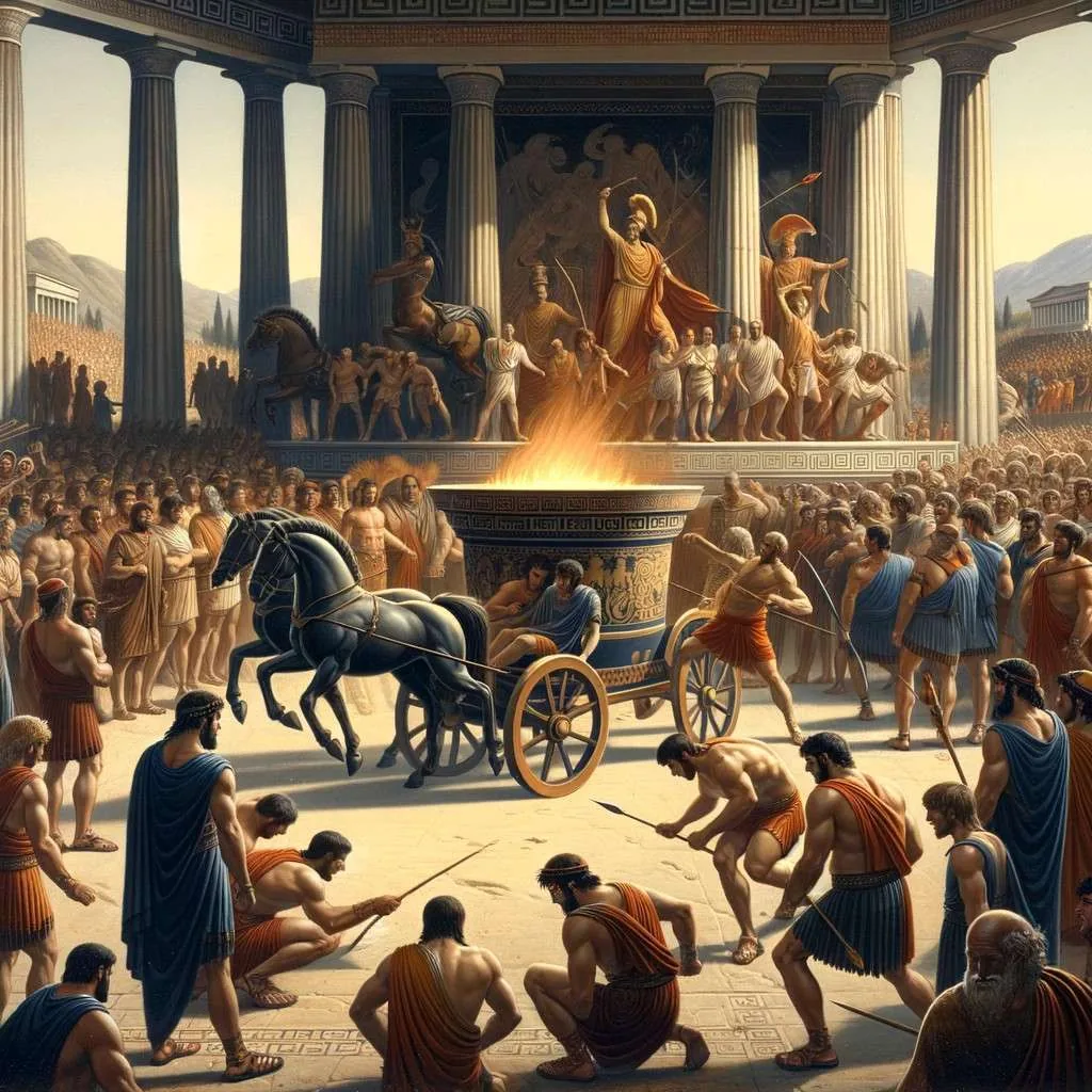 Escena solemne de los juegos funerarios en honor a Patroclo, con guerreros griegos participando en competencias atléticas. Los Mitos y Leyendas (www.losmitosyleyendas.com)