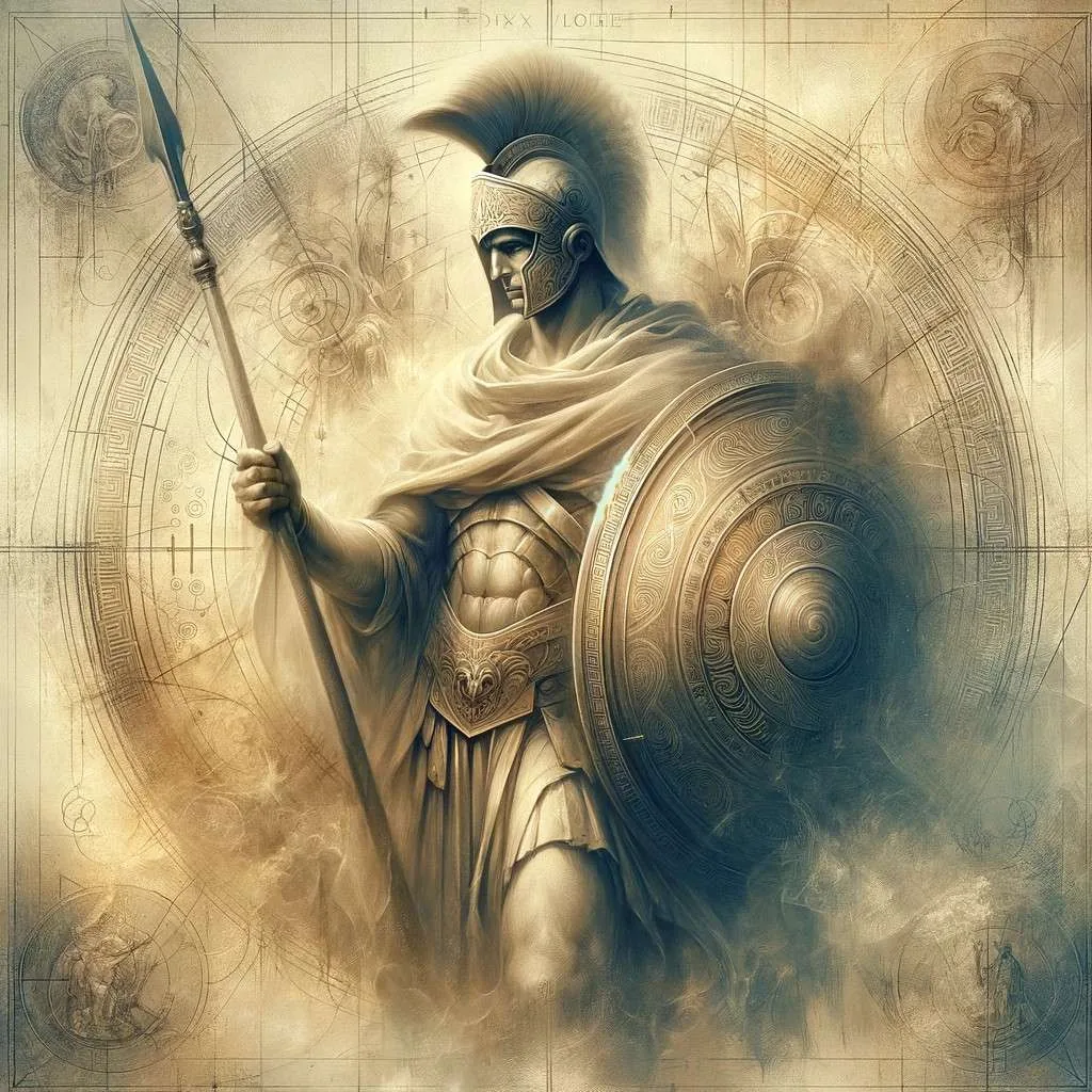 Representación atemporal de Patroclo, destacando su legado perdurable en mitos y leyendas, con símbolos de la antigua Grecia. Los Mitos y Leyendas (www.losmitosyleyendas.com)