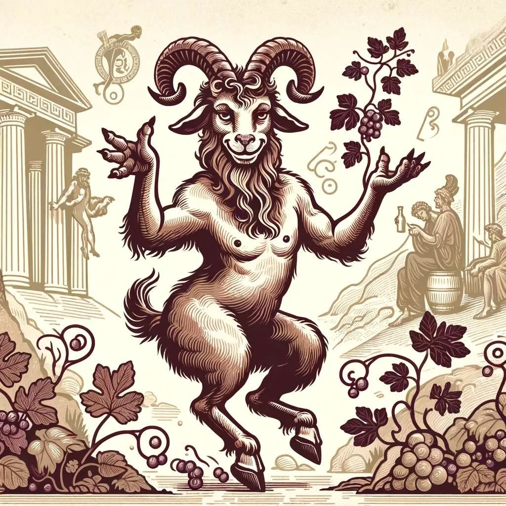 Ilustración de un sátiro danzando alegremente entre viñedos, con patas y cuernos de cabra, en un entorno que evoca la antigua Grecia. Su expresión traviesa y el ambiente festivo capturan la esencia de estos seres mitológicos asociados con Dionisio, el dios del vino y la festividad. Los Mitos y Leyendas (www.losmitosyleyendas.com)