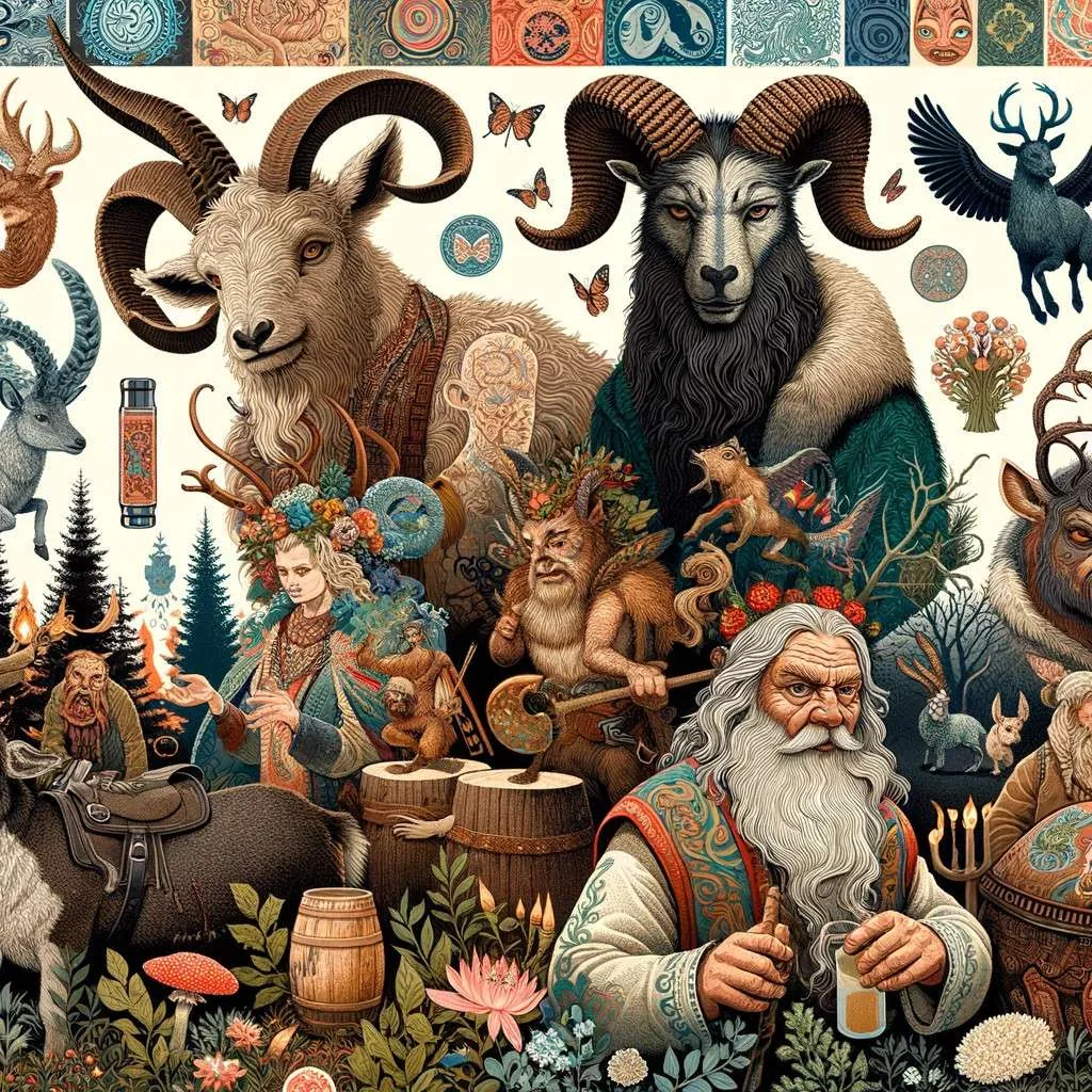 Collage ilustrativo mostrando la influencia de los sátiros en diversas culturas, incluyendo faunos de la mitología romana, espíritus del bosque del folklore eslavo, y figuras tramposas de la mitología nativa americana, cada uno mostrando rasgos animalísticos y una conexión con la naturaleza, reflejando la diversidad cultural pero compartiendo temas de naturaleza, festividad y travesura. Los Mitos y Leyendas (www.losmitosyleyendas.com)
