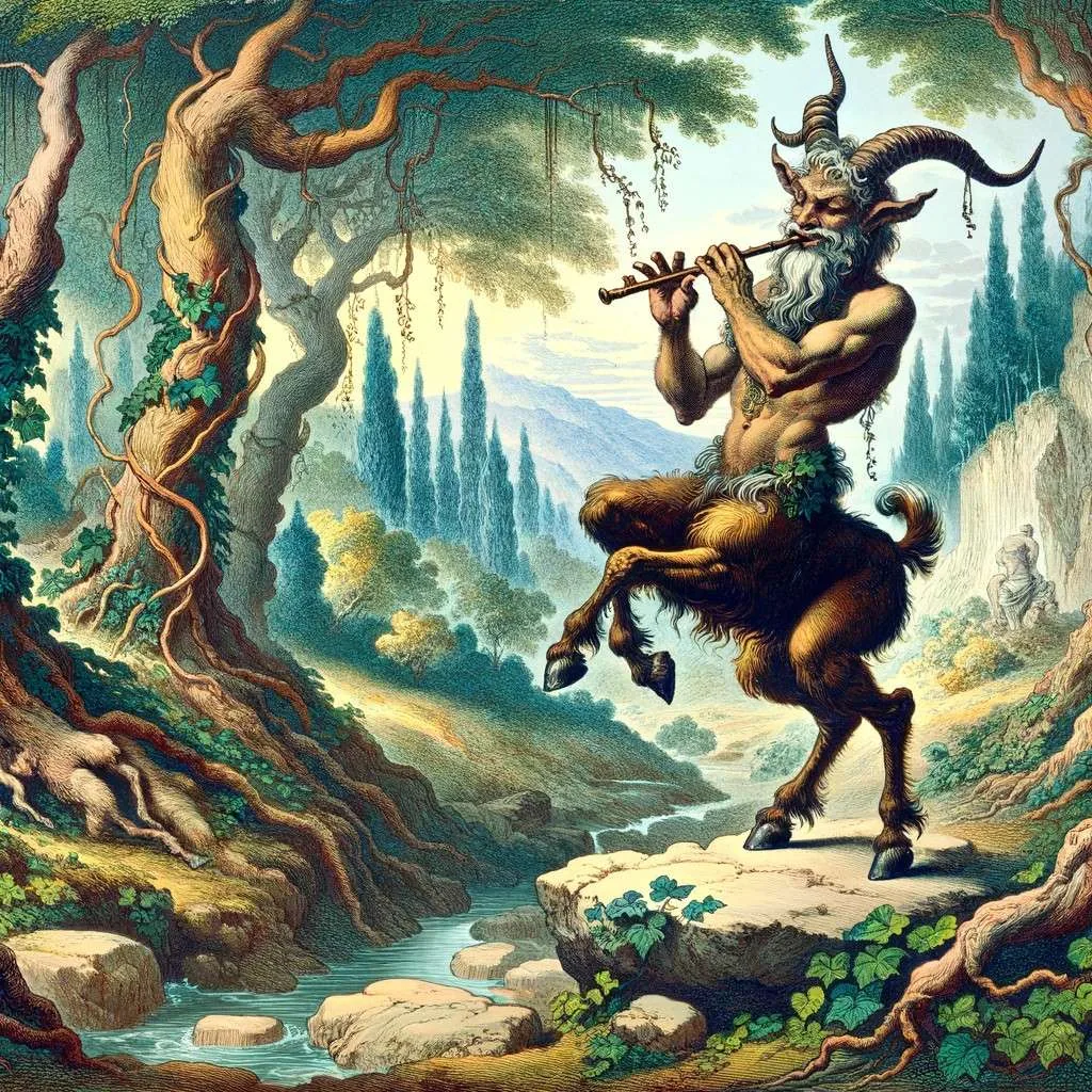 Un sátiro, criatura mitológica de la antigua Grecia, con piernas y cuernos de cabra, toca la flauta en un bosque exuberante, simbolizando la alegría y la libertad en la naturaleza. Los Mitos y Leyendas (www.losmitosyleyendas.com)