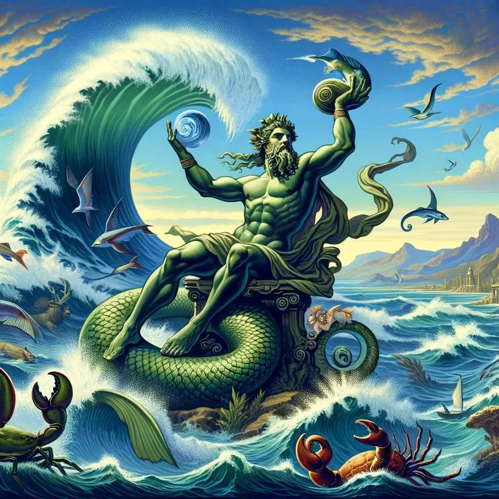 Ilustración de Tritón, dios de la mitología griega, con torso de hombre y cola de pez, soplando una caracola sobre una ola, rodeado de criaturas marinas bajo un cielo azul. Los Mitos y Leyendas (www.losmitosyleyendas.com)