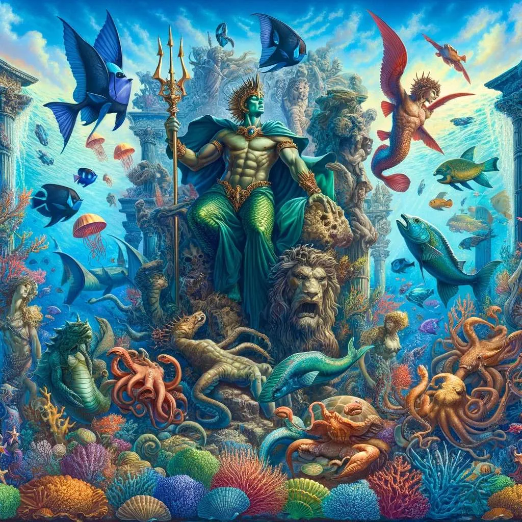 Tritón, con tridente, rodeado de criaturas marinas en un reino submarino lleno de corales y ruinas antiguas, simbolizando su rol como protector y gobernante del océano. Los Mitos y Leyendas (www.losmitosyleyendas.com)