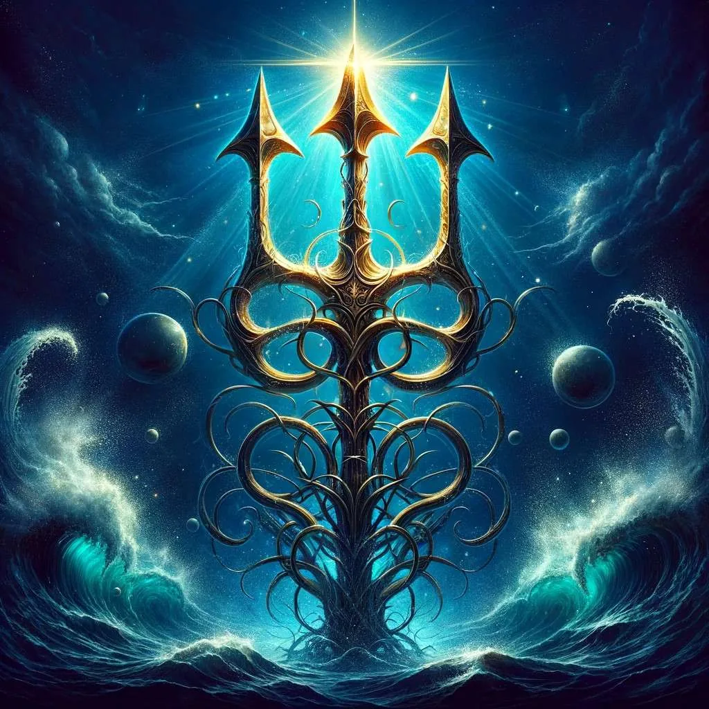 Tridente de Tritón con detalles elaborados, brillando con un resplandor místico contra un fondo marino, simbolizando su poder divino sobre los mares. Los Mitos y Leyendas (www.losmitosyleyendas.com)
